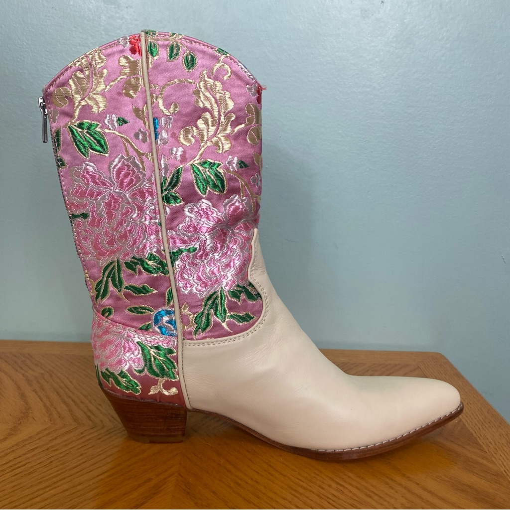 Momo New York Selina Western Silk Leather Boots Cowboy Size 11 Floral Pink Cream — image 2 of 8